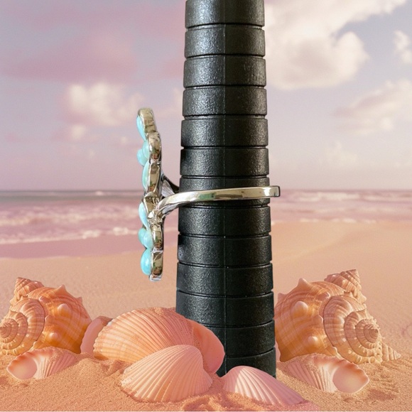 Sterling Silver Genuine Larimar Floral Ring, Size 6. - Picture 10 of 16